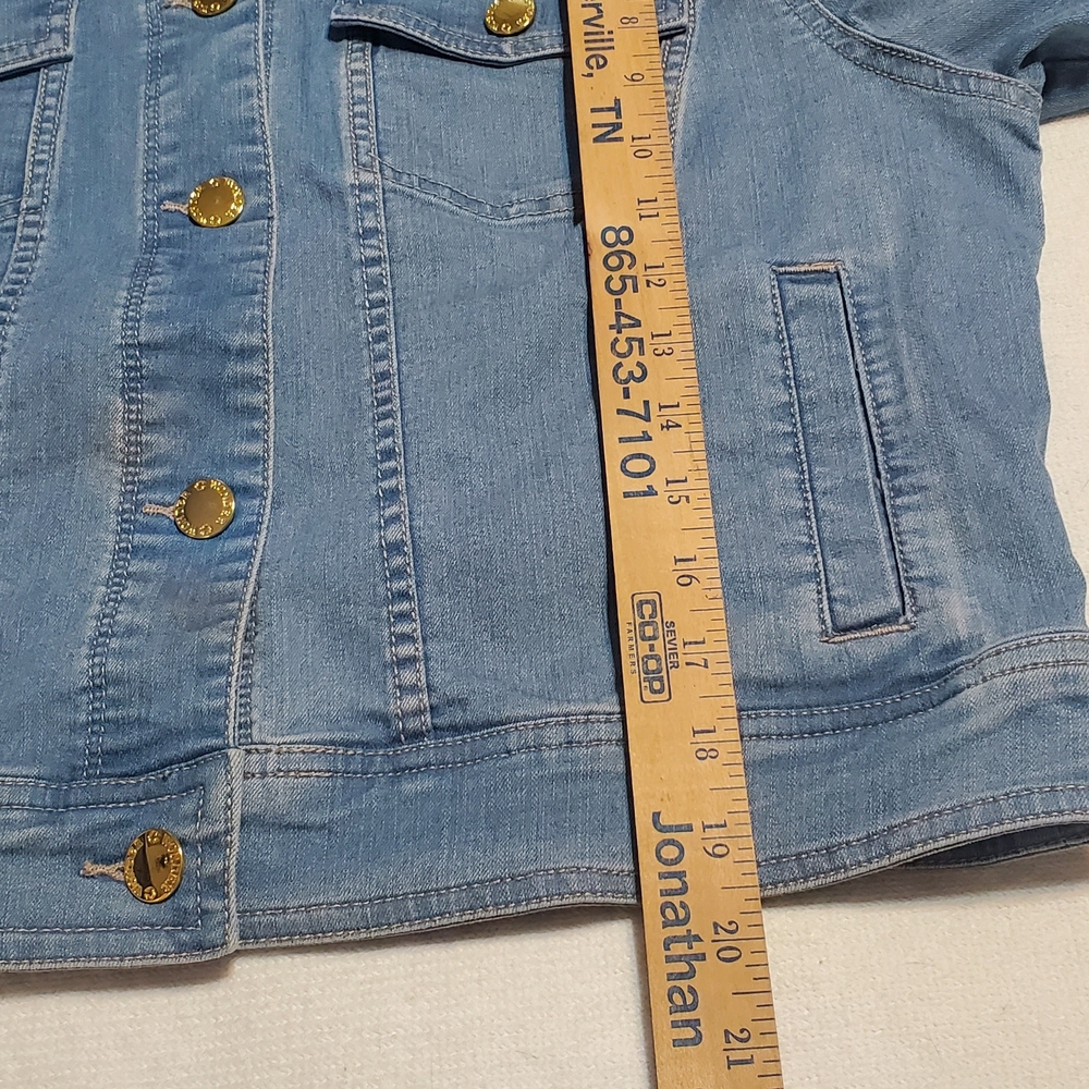 Classic Stylish Blue Denim Crop Jacket. Gold Accent Buttons. Sz L? - Picture 6 of 8